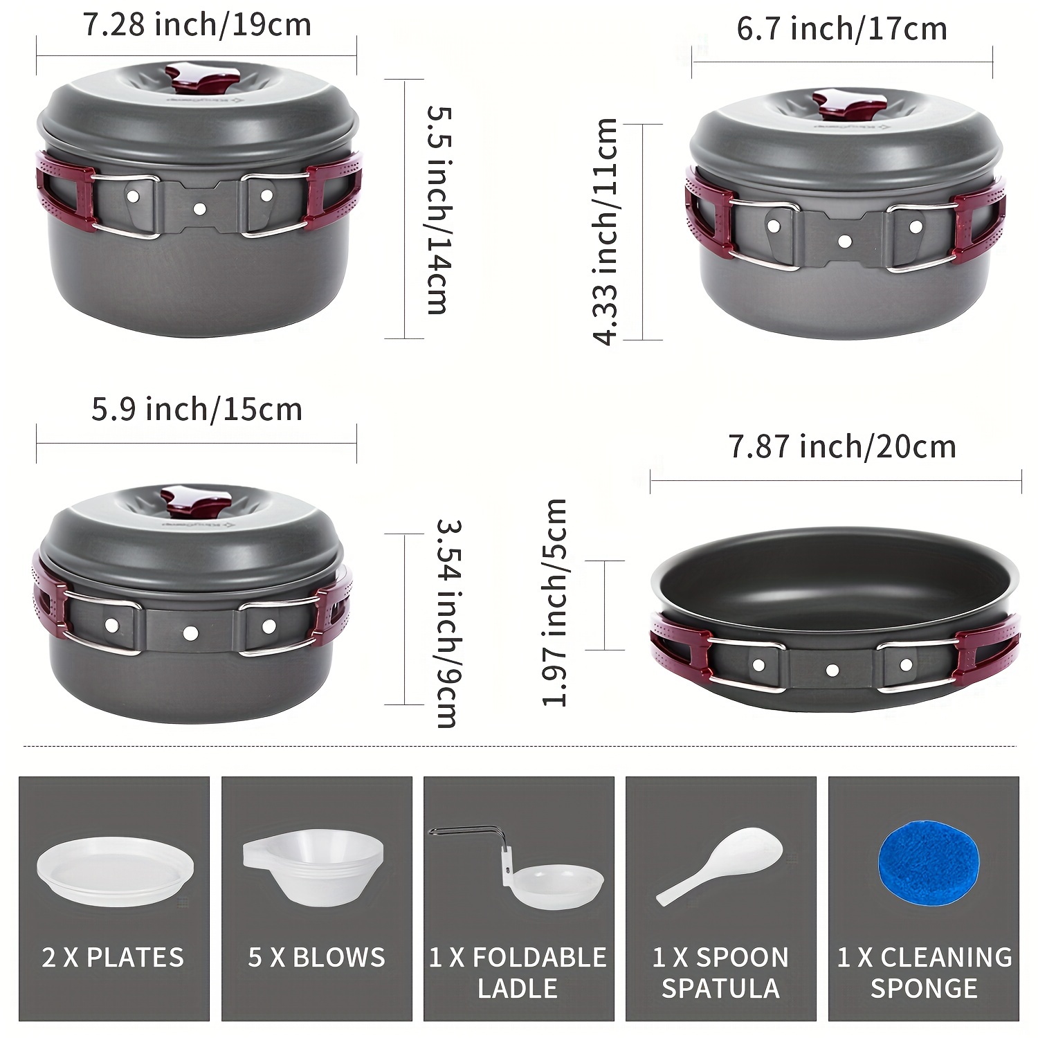 7/9/18Pcs Camping Cookwae Mess Kit Camping Cooking Set Non Stick Hard Anodized Aluminum Camping Gear Camping Pots Pans Set Tableware Outdoor Backpac%2f15142407176