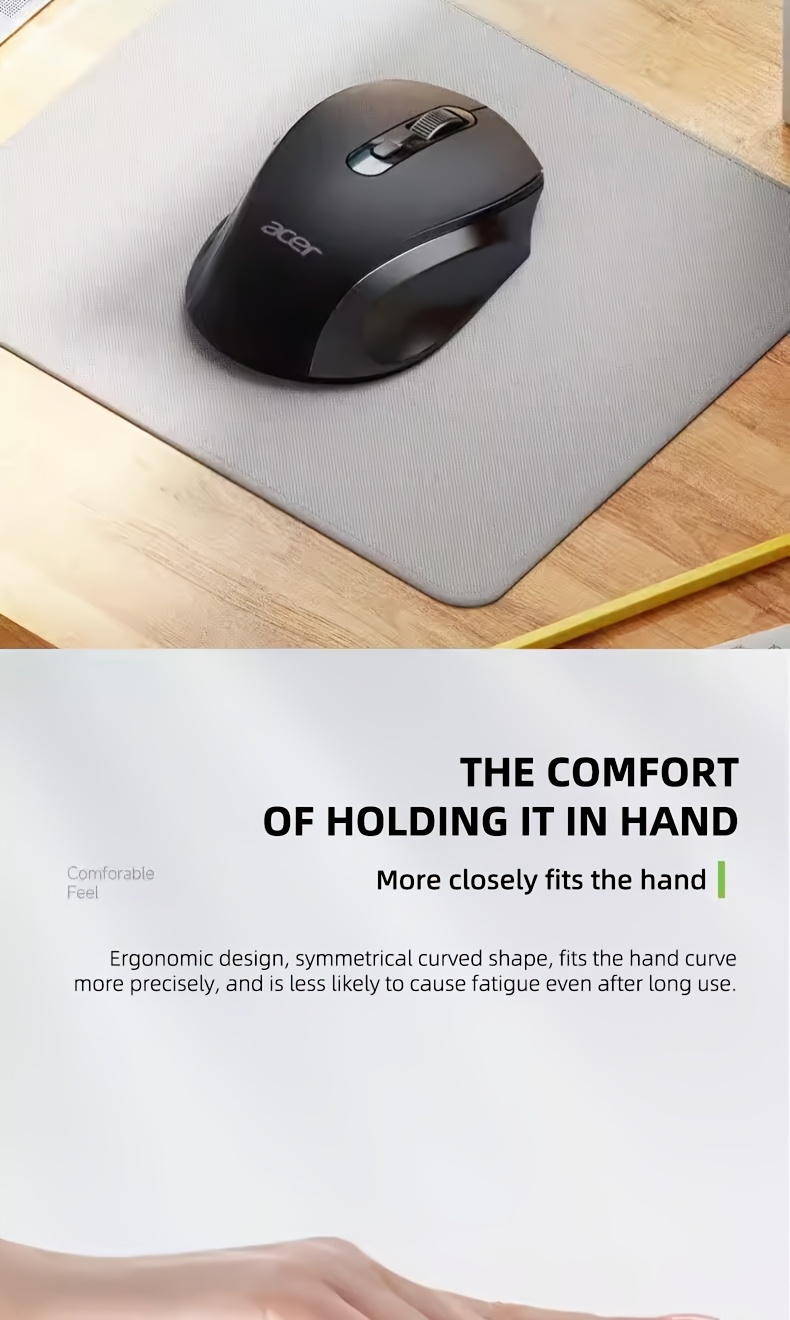 El ratón gaming inalámbrico Acer de 6 botones, con diseño ergonómico y ajuste de DPI multimplegado, es fácil y práctico, lo que lo hace ideal para el trabajo diario de oficina y la entretenimiento.