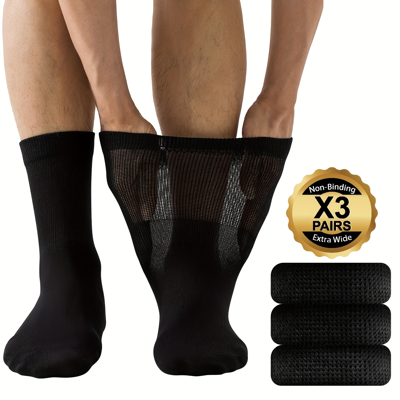 3 Pairs Elastic Diabetic Crew Socks For Men Women, Seamless Socks With Non Binding Top, Comfortable & Stretchable Plus Size Socks For Hospital Elderly Seniors Wide Feet - Extra Wide, Reinforced Heel