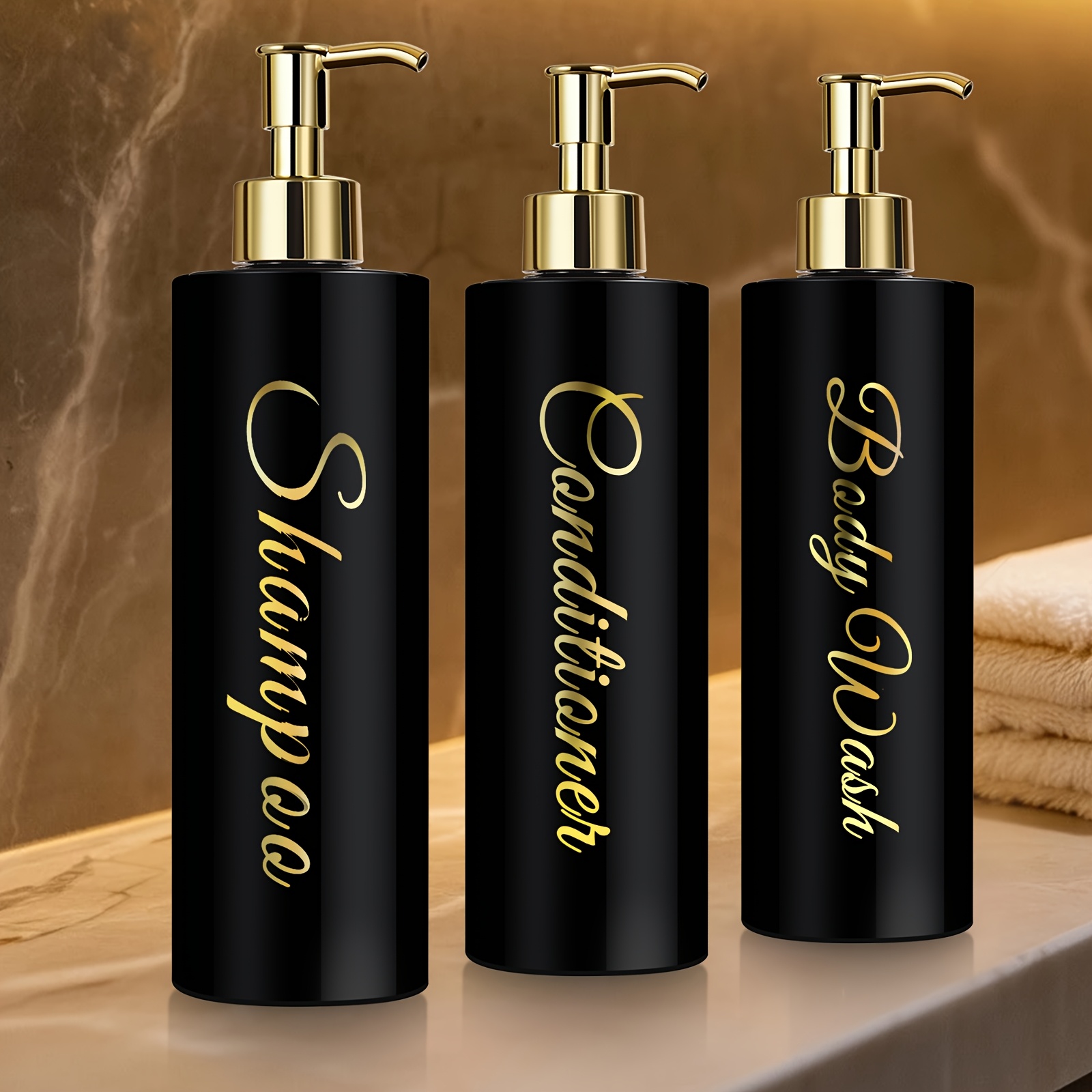Image of Shampoo And Conditioner Dispenser, Refillable Plastic Shampoo Pump Bottles With Waterproof Labels, Empty Body Wash Dispenser Set For Bathroom, Shower Soap Bottles (black, 3- Pack, 16.9oz)