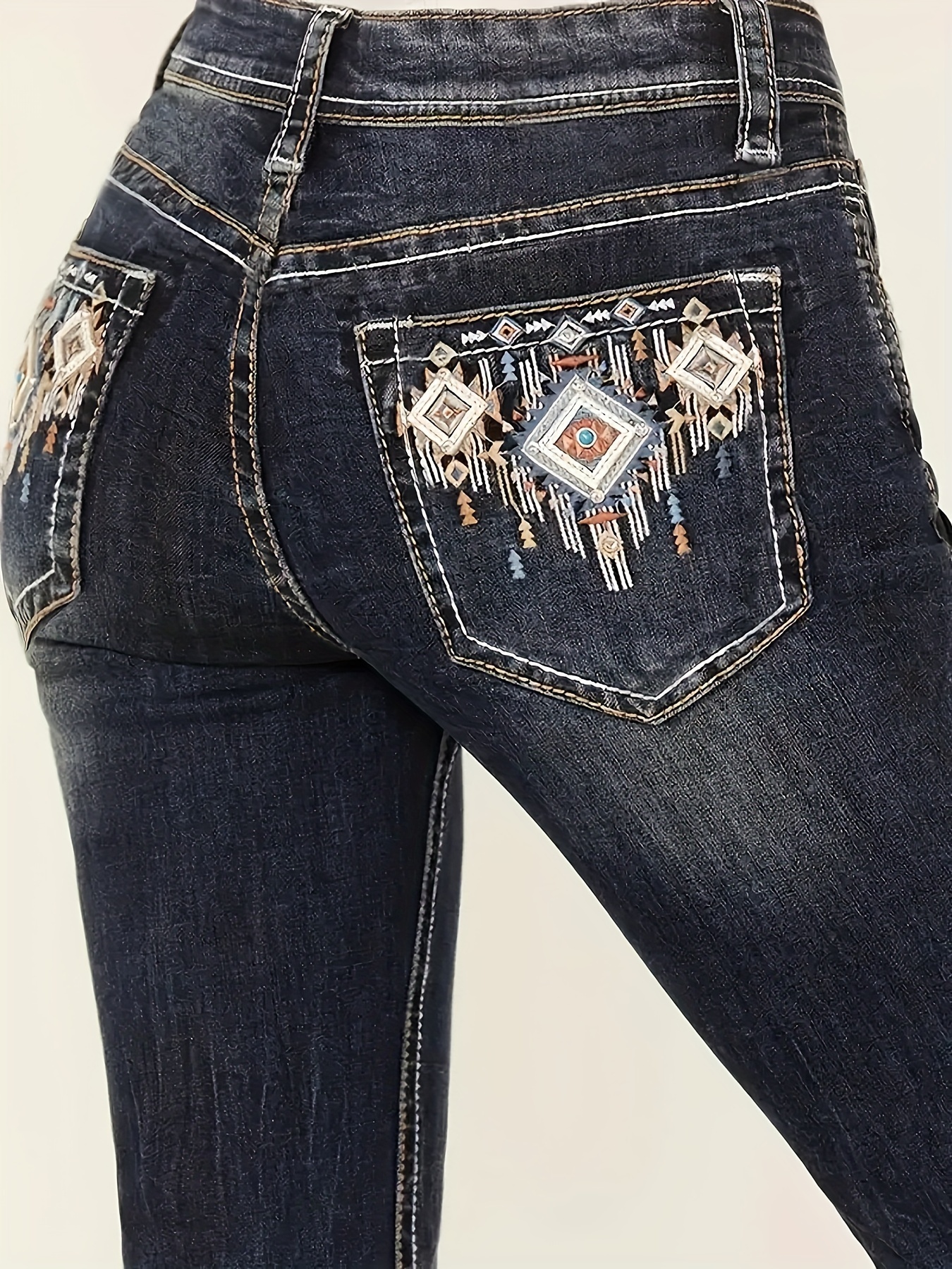Women's Vintage Bootcut Denim Pants - Mid-Stretch Flared Leg, Machine Washable Solid Color All-Season Trousers with Zipper Closure, Stretchy Jeans, Comfortable Fashion, Medium Elasticity