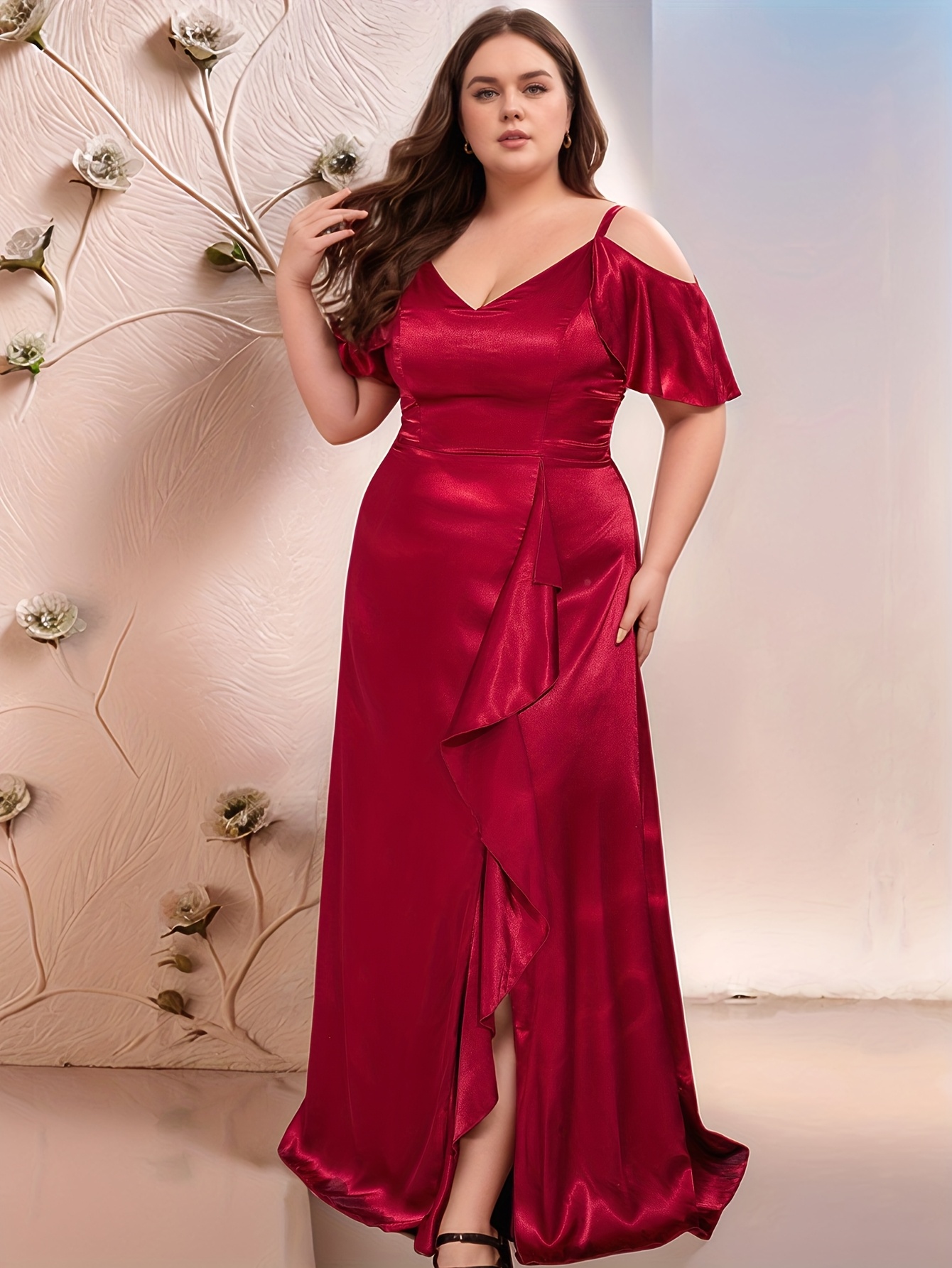 green emerald velvet dress Plus Size Elegant Round Neck Asymmetrical Hem Sequin Contrast Satin Dr