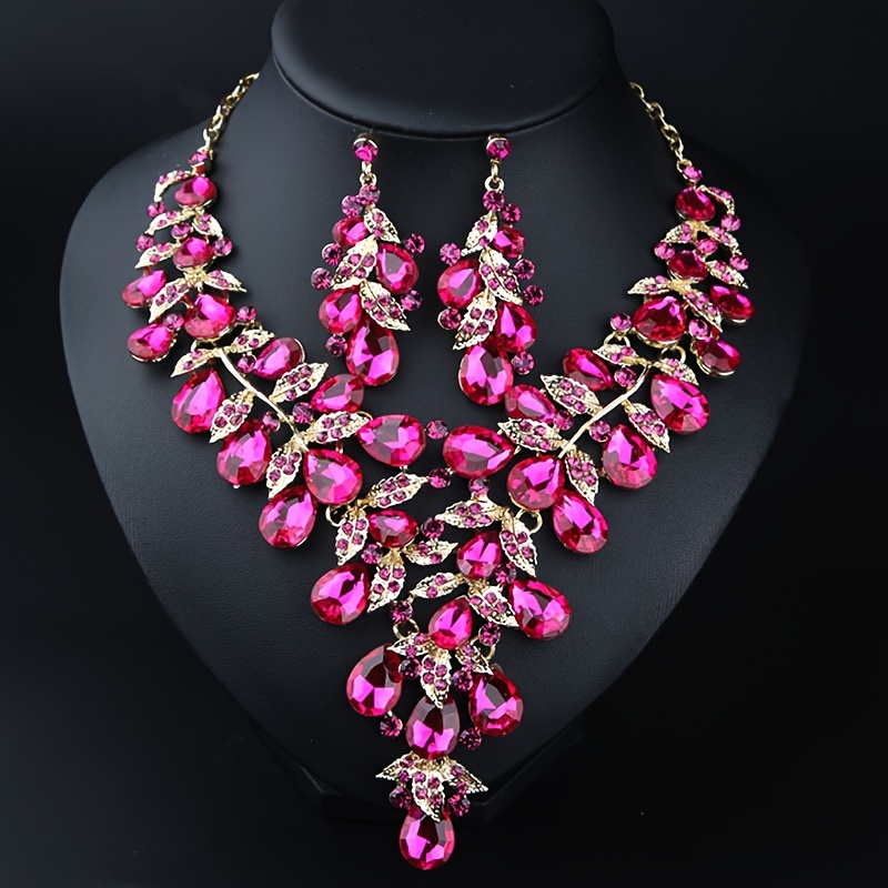 

Luxurious Rhinestone Necklace And Earrings Set, Elegant Crystal Jewelry For Women, And Evening Event Accessories, In Pink, Red, Blue Gifts For Eid - With A Box