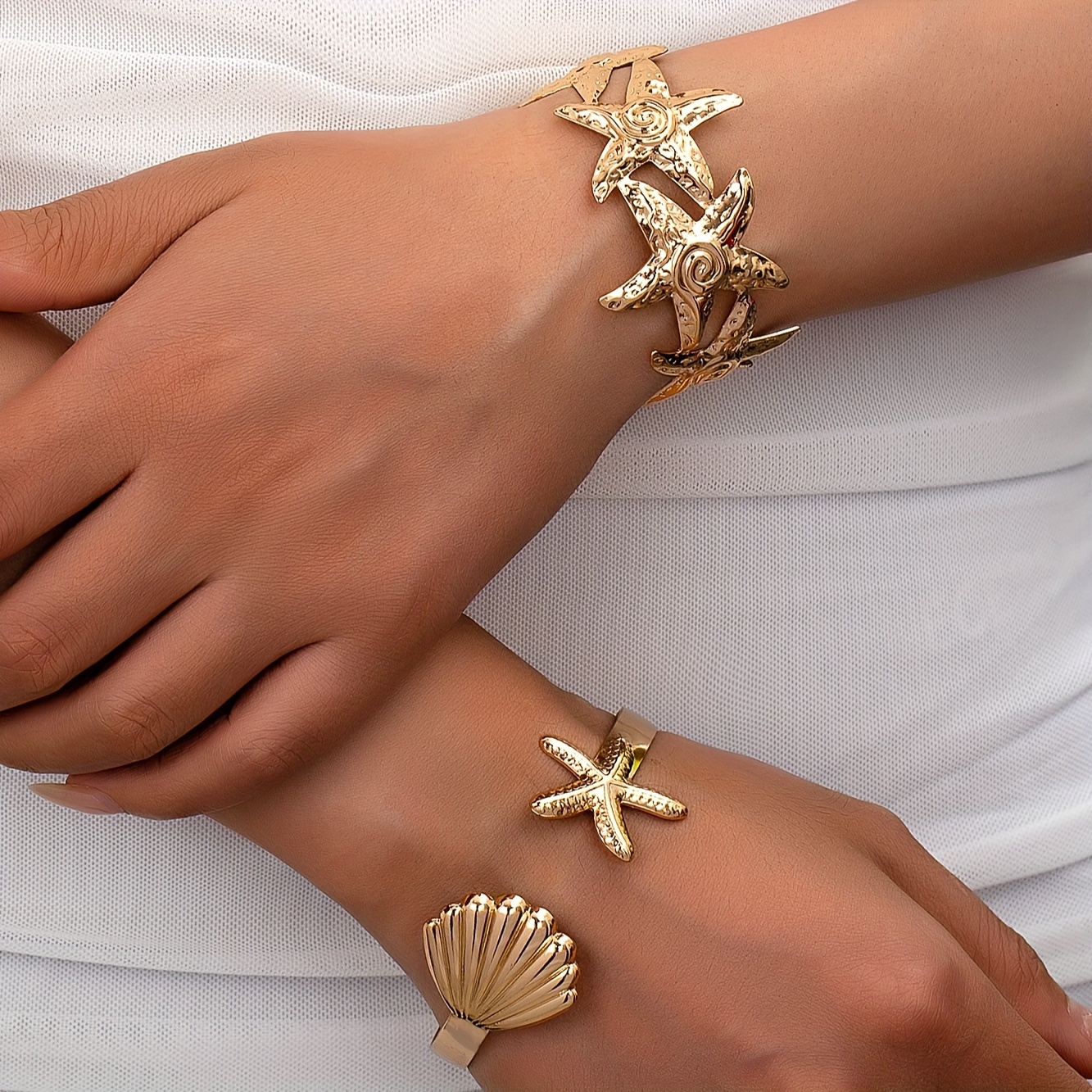 Nautical Starfish & Shell Bracelet Set Golden Tone Ocean Themed Ba