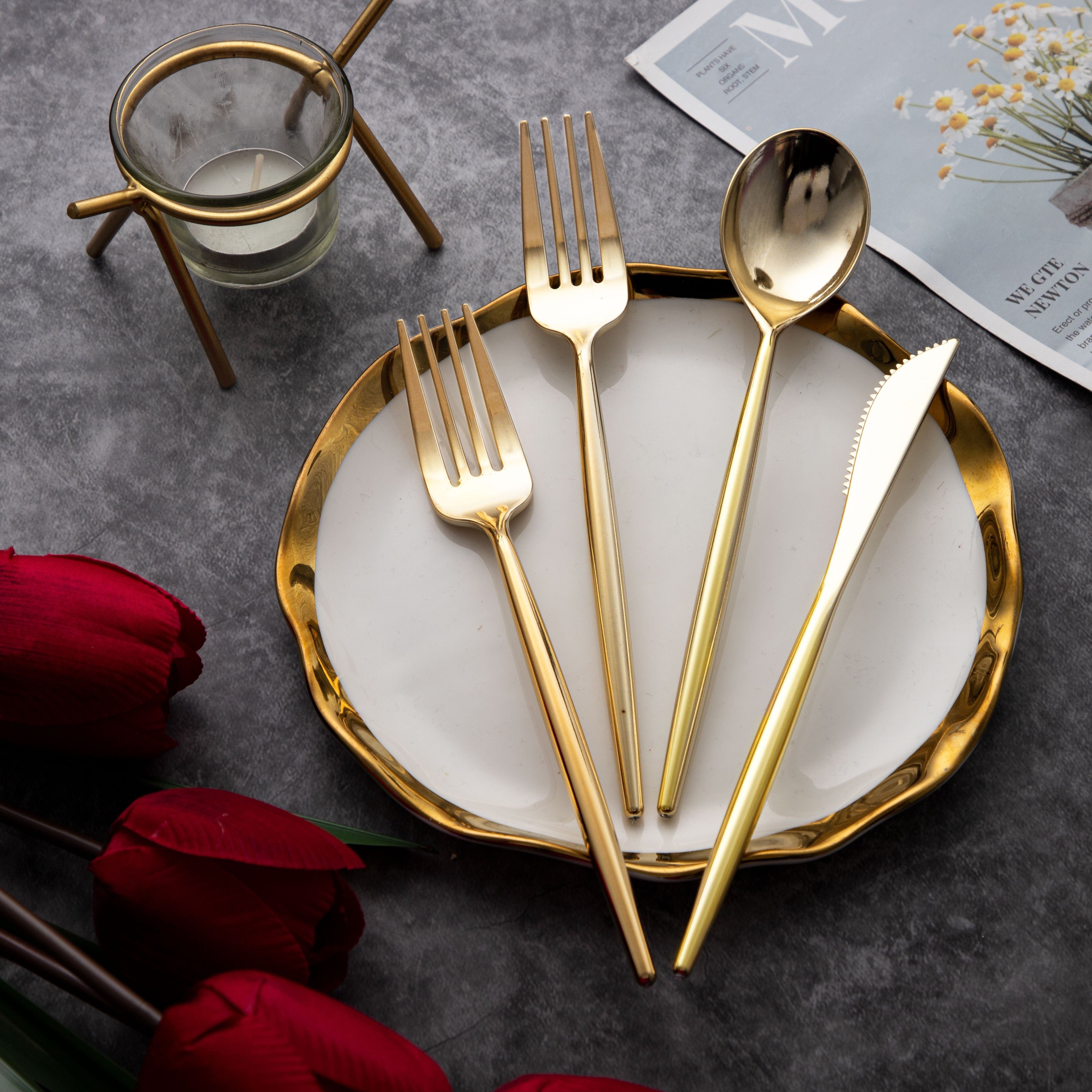 

102pcs Golden Plastic Silverware, Disposable Tableware With Heavy Design For Fancy Parties, Disposable Golden Forks, Disposable Golden And Silverware Spoon Set, Wedding, Event And Decoration