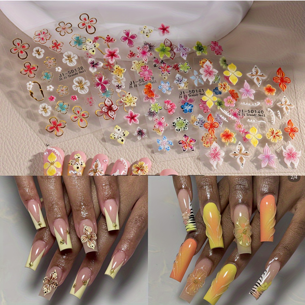 

5d Embossed Flower Nail Art Stickers Decals - Plastic Pre- Glitter Floral Nail Decorations, Single Use Irregular Shaped Shimmery Plants Theme Nail Embellishments For Diy Manicure