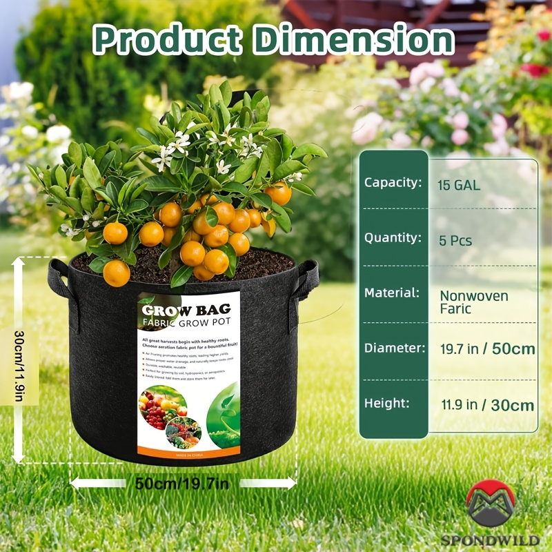 TEMU 5 Pack 15 Gallon Grow Bags, 300g Thick Nonwoven Fabric Plant Bags With Handles, Breathable Aeration Heavy Duty Planter Pots For Tomato Potato
