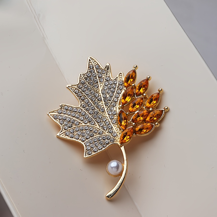 TEMU Broche de lujo estilo francés de primera calidad transfronterizo con hoja de dorada de otoño, pedrería y gemas, elegante accesorio de para