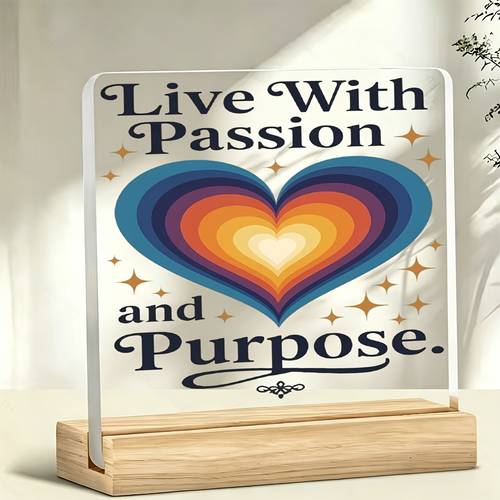 item picture 1pc colorful heart live and purpose standing ornament paperweight inspirational slogan warm slogan acrylic ornament home decor with wooden base paperweight office desktop ornament supplies party decoration supplies