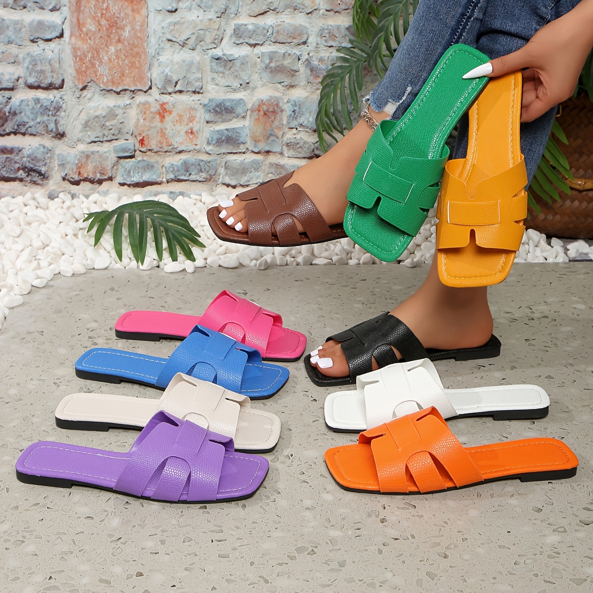 Women'S Flat Sandals - Colorful Square Toe Slip-On Shoes with Faux Cover Upper & Sole, Casual Summer Monogram Footwear in White, Pink, Yellow, Blue, Green & More, Everyday Sandals | Square Toe Design | Synthetic Cover Sandal