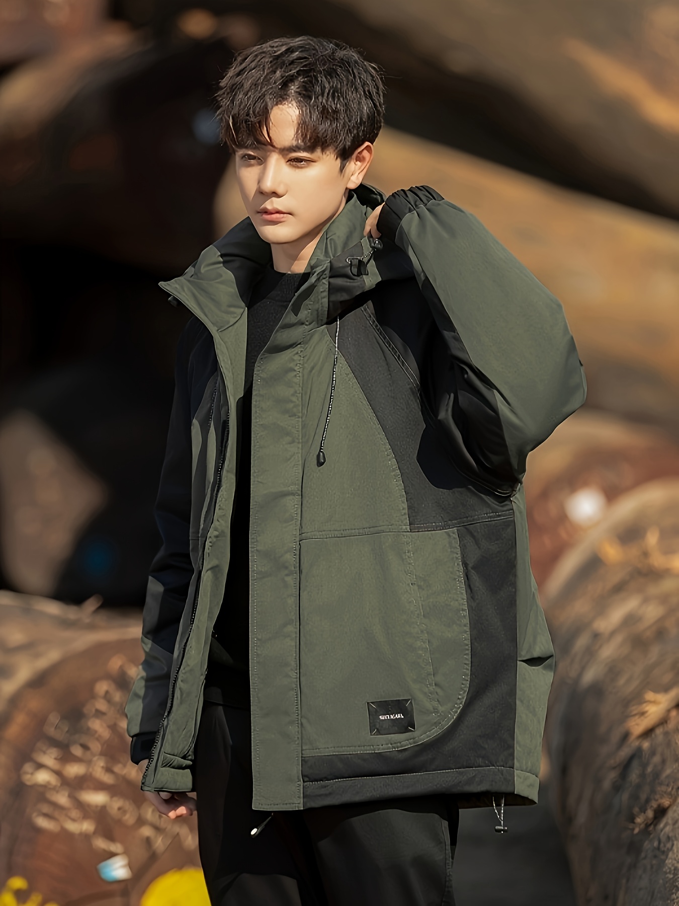 *'S Preppy Style Hooded Jacket, Color Block Polyester 100% Casual Short  Jacket with Zipper Closure, Regular Fit, Pockets, Woven Fabric, 200g/m²  Outer, - Main Image