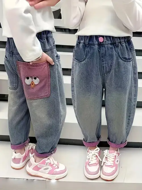Pantalon De Sport Enfant Fille Garçon 3-16 Ans - Jean Large Hiver Chaud Broderie Fleur Dessin Animé - Coupe-Vent