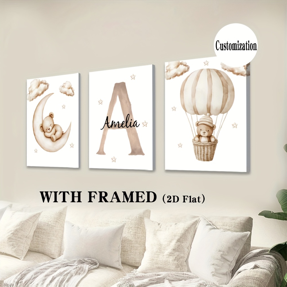 Personalized 3pcs Custom Name Canvas Set, Floral Wall Art