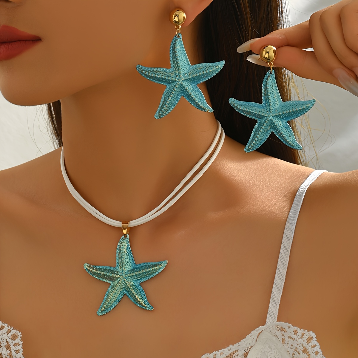 TEMU 1 Set Of 3 Bohemian Starfish Jewelry - -tone Colorful Starfish Pendant Necklace & Earrings Suitable For Daily Wear, Beach Parties, Music
