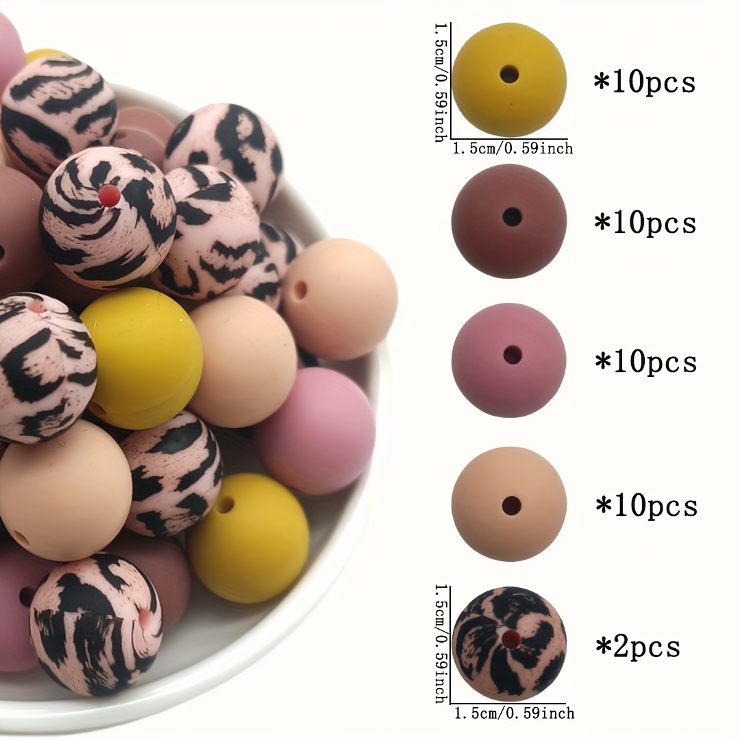 Image of 42pcs 15mm Round Leopard Print Series Mixed Focus Silicone Beads Decorative Beads For Diy Handmade Bag Chains, Phone Chains, Bracelets, Necklaces, Keychains, And Jewelry Making