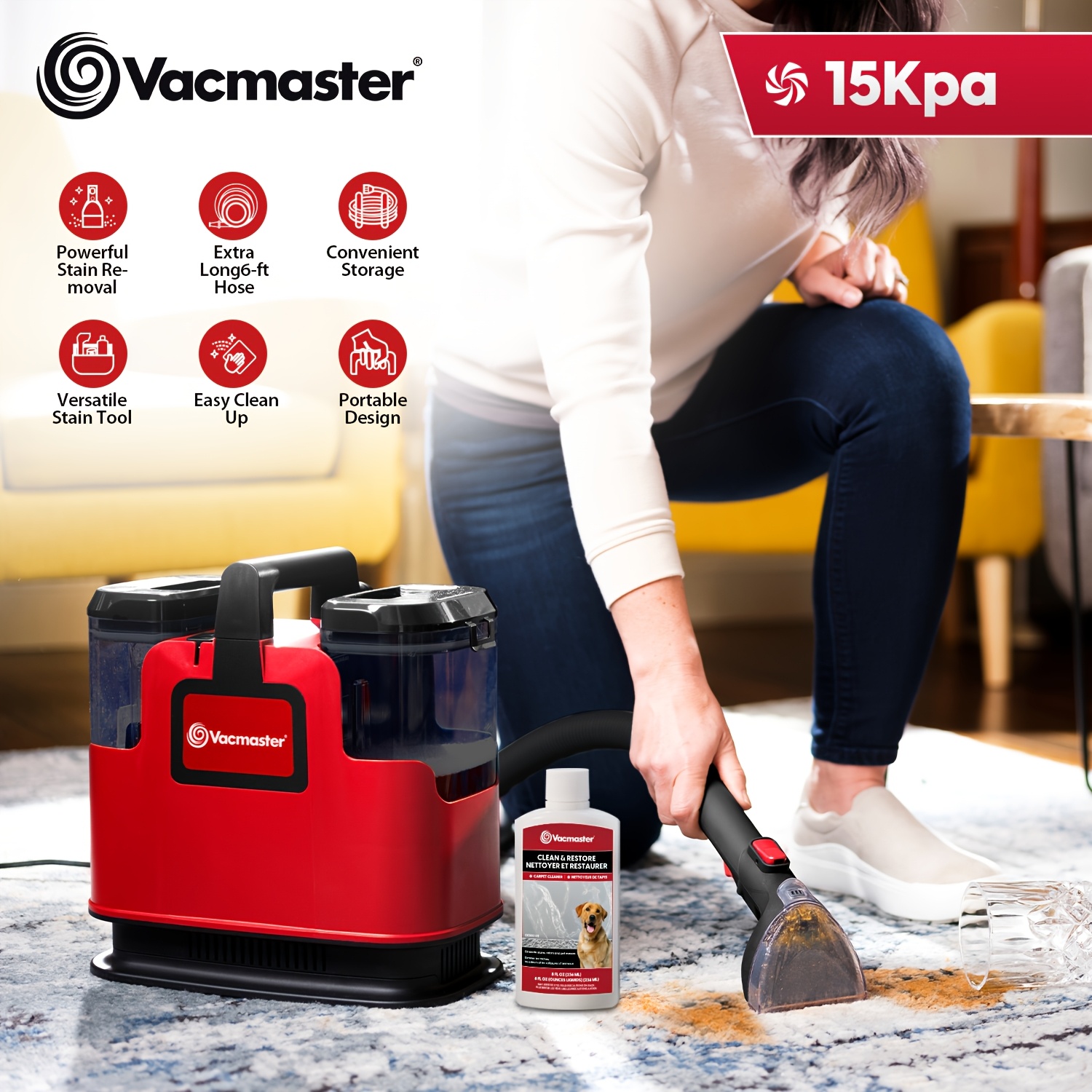 400 Series Portable Carpet & Upholstery Spot Cleaner Machine, 15Kpa Power Suction with Versatile Tools for Pets, Area Rugs And Couches