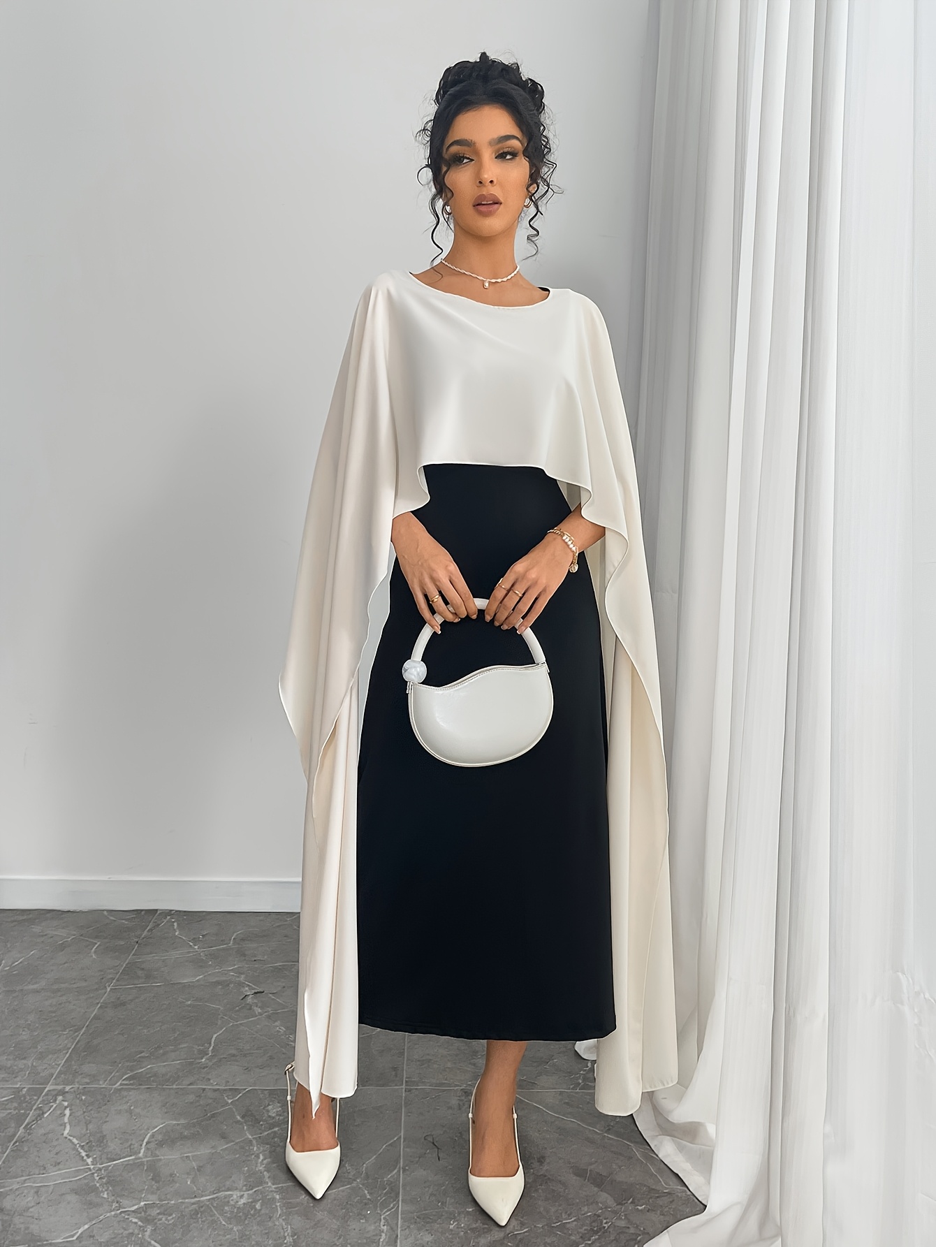 black and white cape dress Women's Elegant Color-Block Cape Sleeve Party Dress