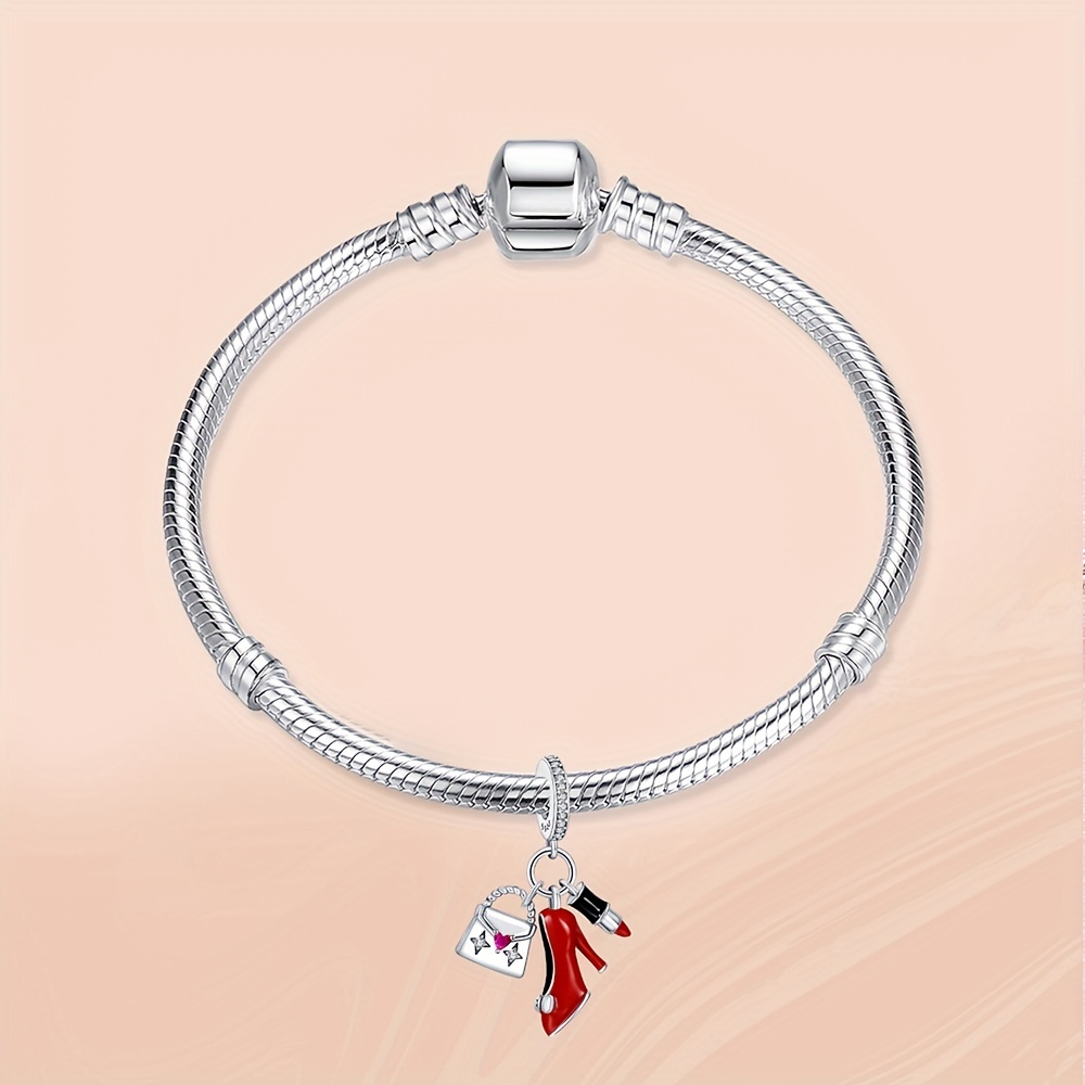 925 Silver Women Handbag Heels Lipstick Charm Pendant