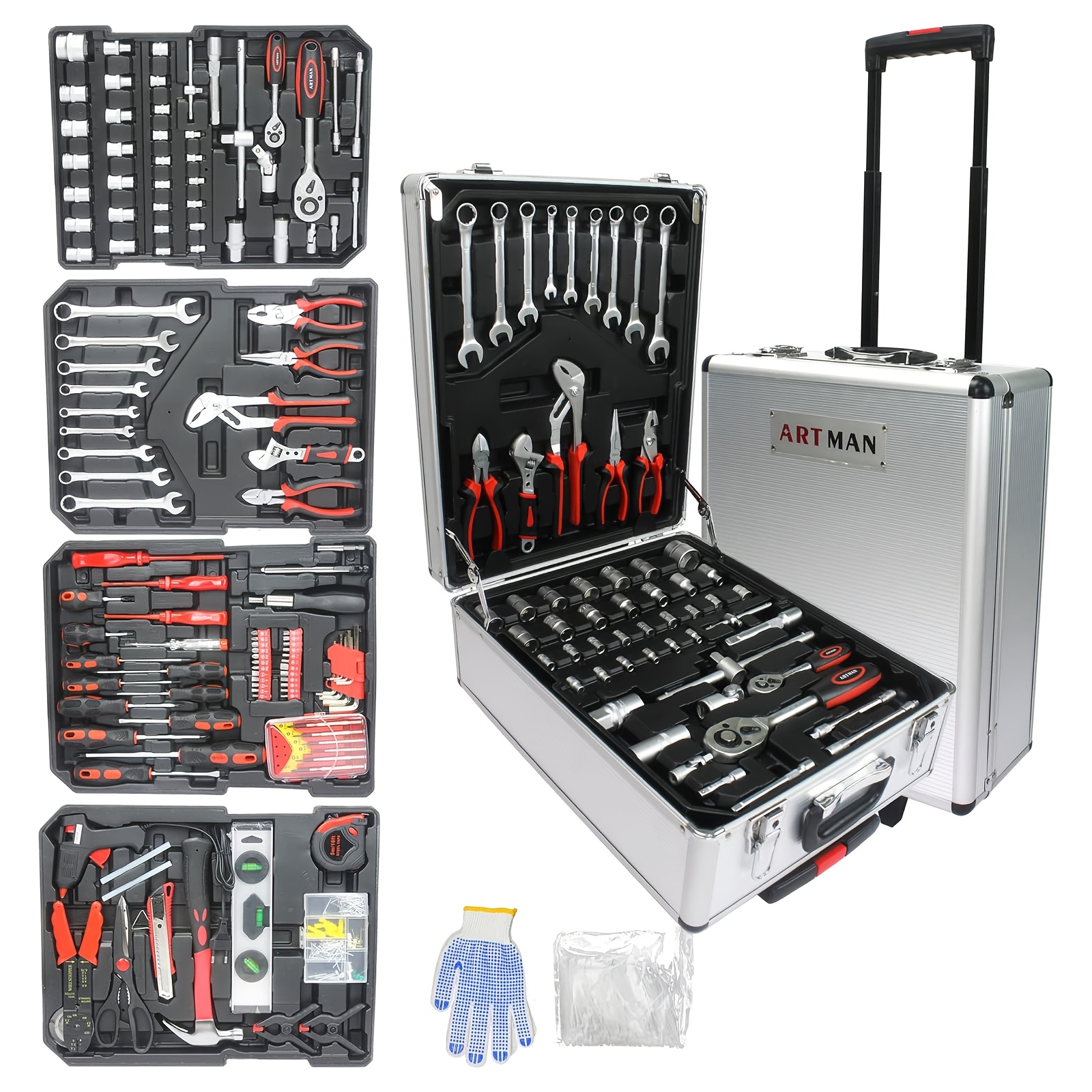 

899pcs Hand Tool Set In Box With 4 , Portable Design & Wheels - Ideal For Maintenance, Includes Sockets, Wrenches, Screwdrivers & More, Tool Box