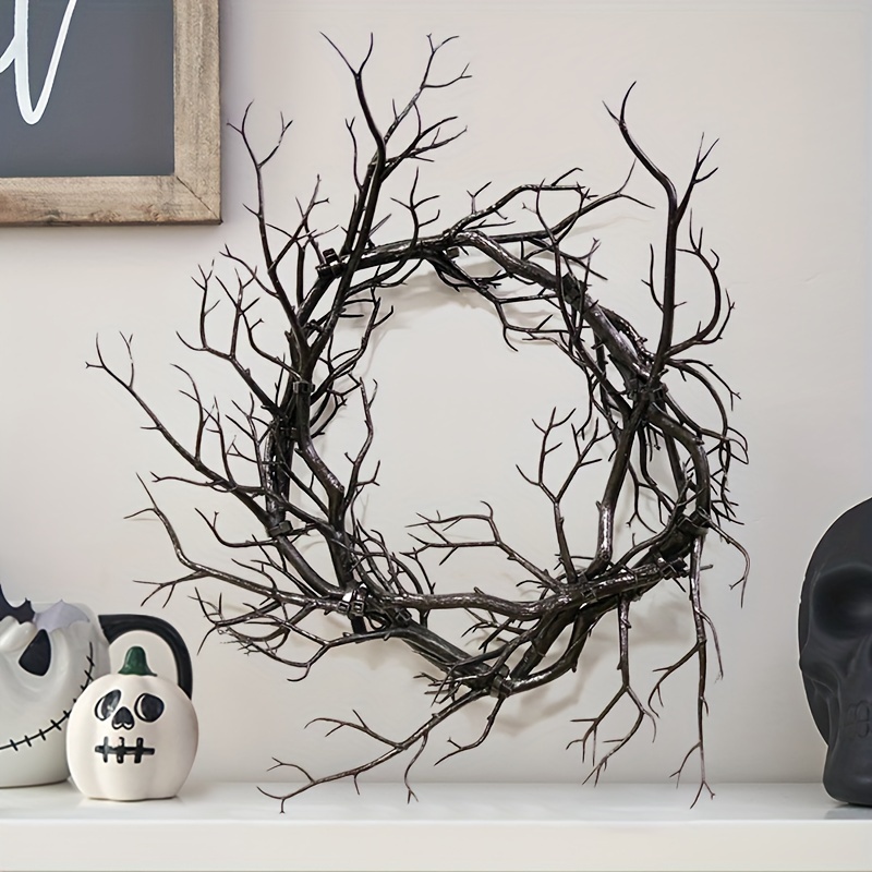 

Americana Style Halloween Wreath - 1pcs, 40cm/15.74inch Black Twig Wreath For Front Door Decoration, Plastic Branch Wreath For Halloween Holiday Decor, No Electricity Or Feathers Required