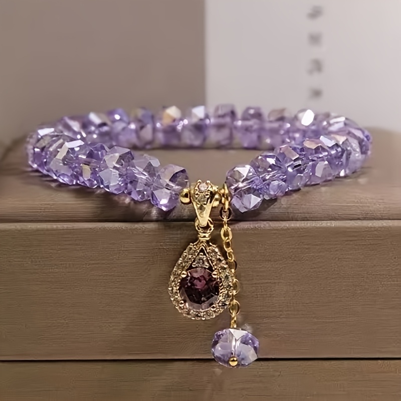TEMU 1pc Ultra-shimmering Amethyst Abacus Bead Bracelet Women' Luxury Niche All-match Water Drop Pendant Wristband Gift For Best Friend, Parents