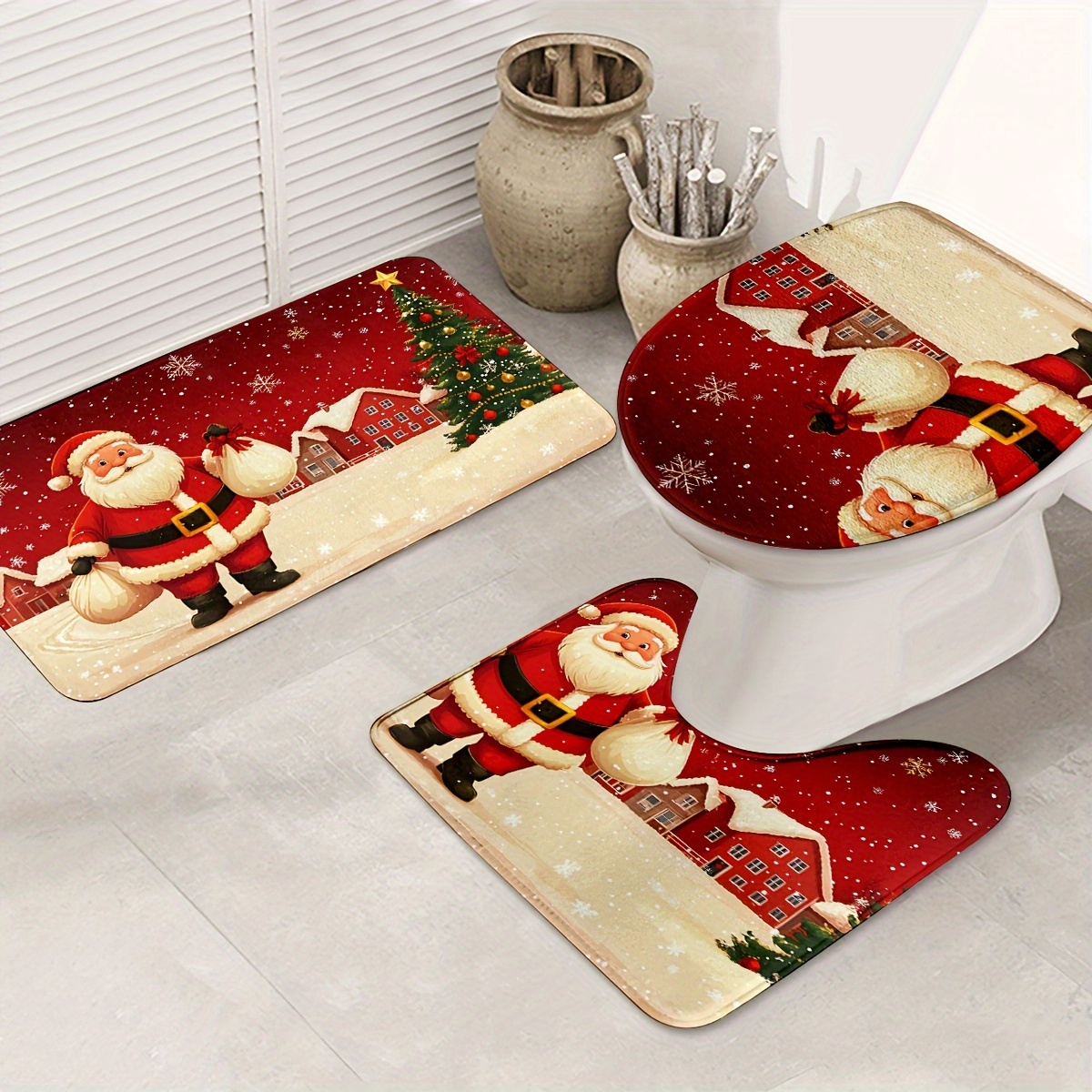 

Santa Claus Christmas Tree Gift Set - 3 Piece Bathroom Rug Set, Washable Knit Polyester Bath Mats With Non-slip Backing, Includes Bath Mat, Contour Mat, And Toilet Cover Mat