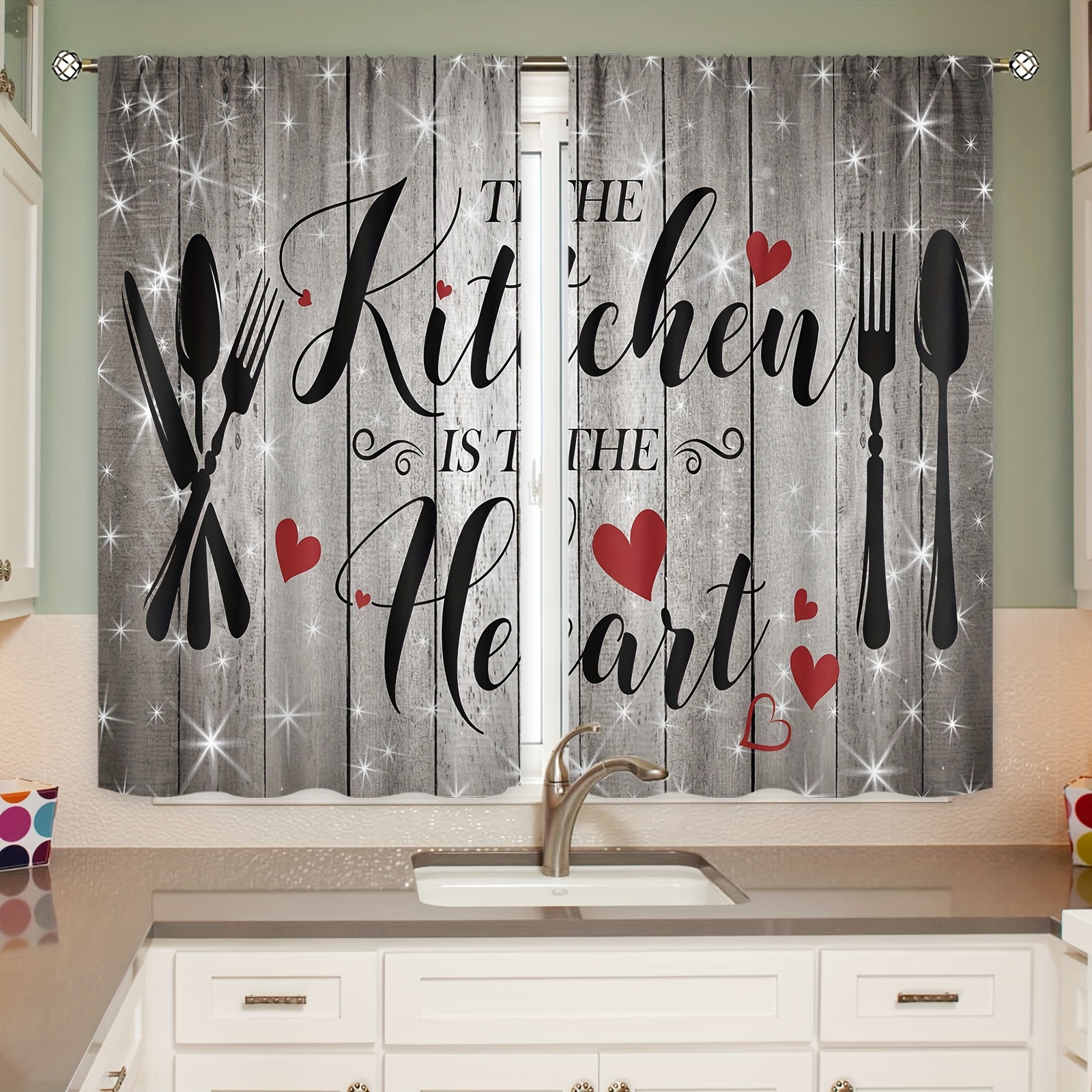 

Vintage Kitchen Curtains Short Small Rustic Stars Wooden Plank Board Fork And Knife Country Farmhouse Rod Pocket Funny Quotes Bedroom Living Room Treatment Fabric 2 Panels 27.5wx39h Inch