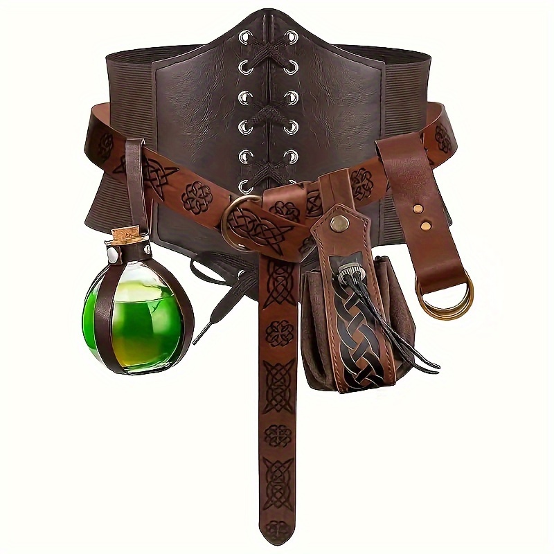 5pcs Set, Women'S Corset Renaissance Costume Set, Medieval Renaissance Belt and Pouch and Cork Potion Bottle and Waist Guard, Halloween Christmas LARP Cosplay Costume, Party Decorations Photography Props, Stage Performance Accessories Gifts