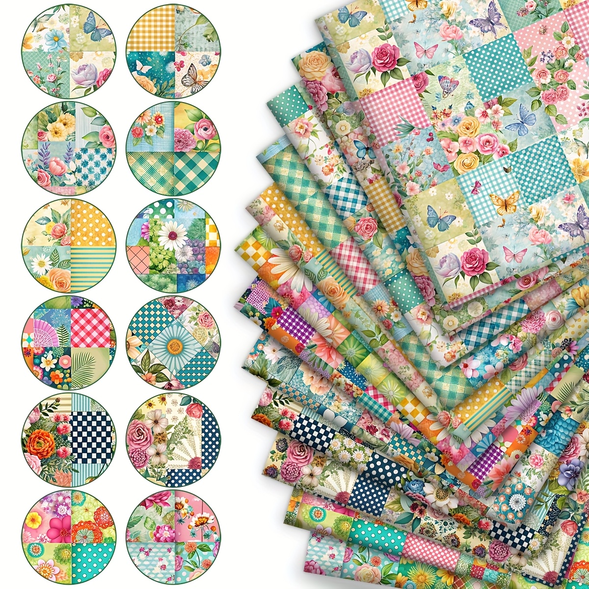 E-shop 12 Stück Vier-Jahreszeiten-Blumenmuster Achtel-Stoffbündel, Polyester Patchwork, geeignet für Quilten, DIY-Bastelprojekte, Geldbeutermachen,