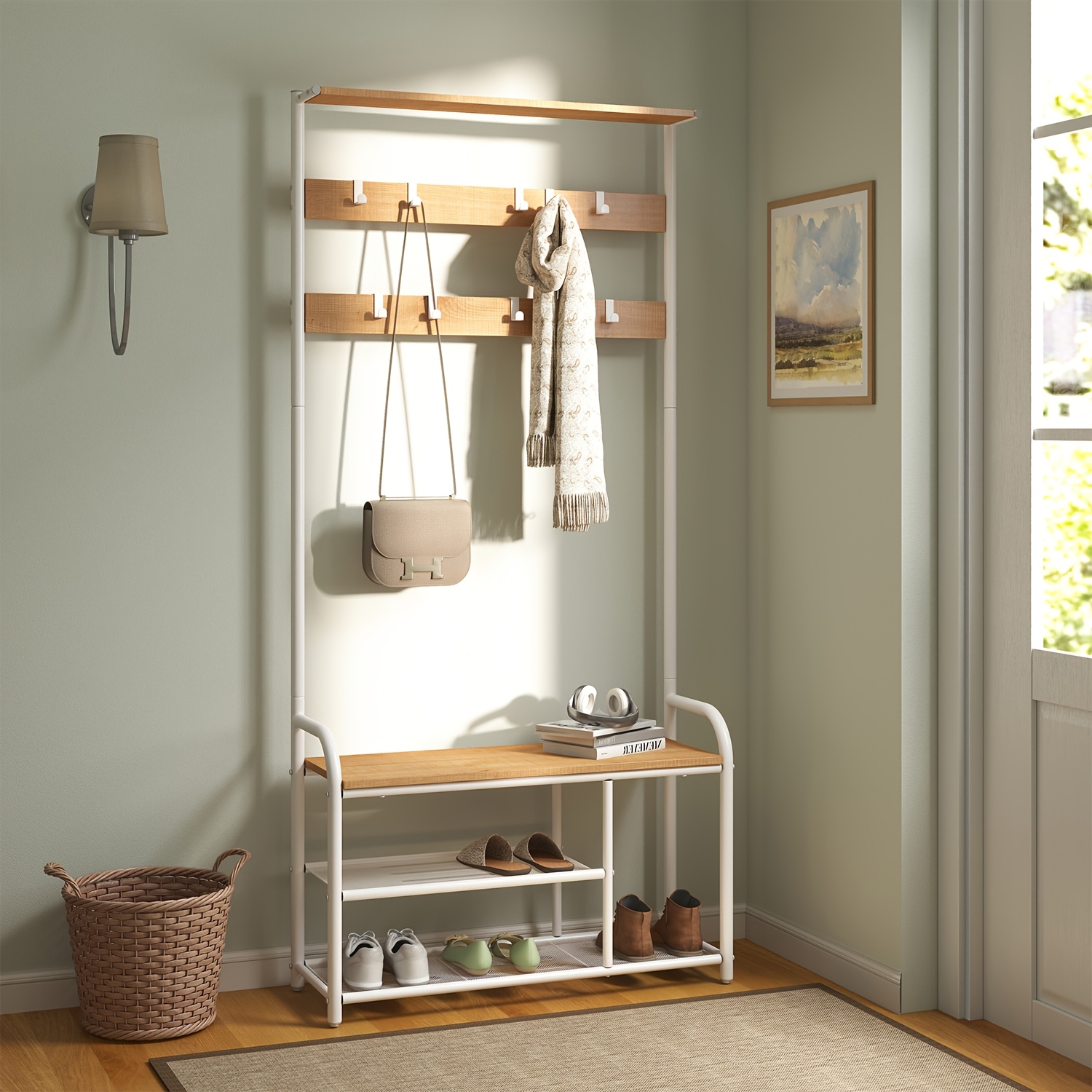 Coat Rack Stand, Hall Tree With Bench And Shoe Storage, 9 Removable Hooks, Shoe Rack, Shelf, Rustic Brown And Black, White
