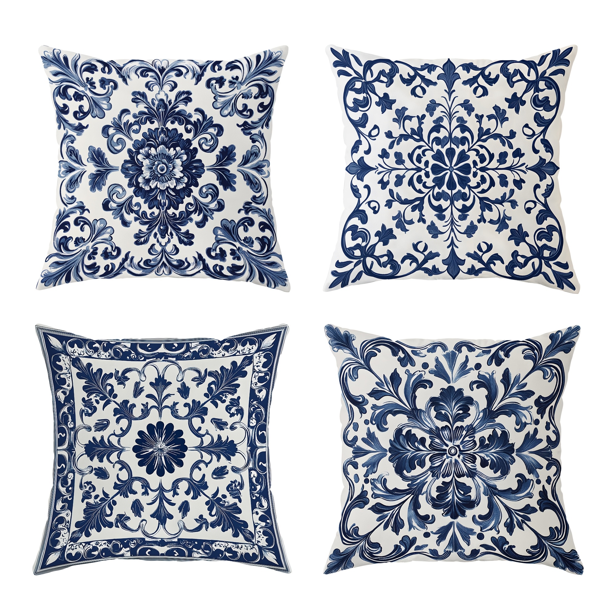 

4-pack Velvetexquisite Blue And White Floral Velvet Throw Pillow Covers, Machine Washable, Zipper Closure, Woven Polyester, Decorative One-sided Print Cushion Cases For Home Decor - No Inserts