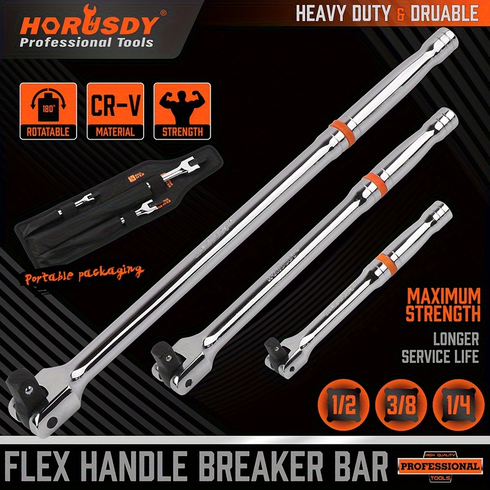 TEMU Horusdy 3-piece Breaker Bar Set 1/2" & 3/8" & 1/4" Square Drive Breaker Bar Flexible Knuckle Socket Wrench Wheel Nut Spanner Chrome Vanadium