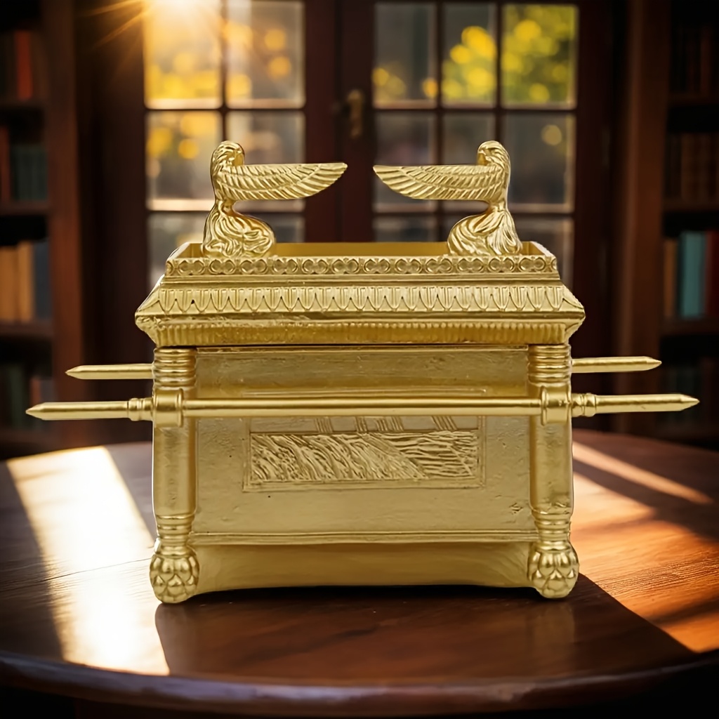 

Elegant Golden Feathered Ark Of The Statue - Classic Resin Craft With Lid, Intricate Room Decor & Christmas Gift