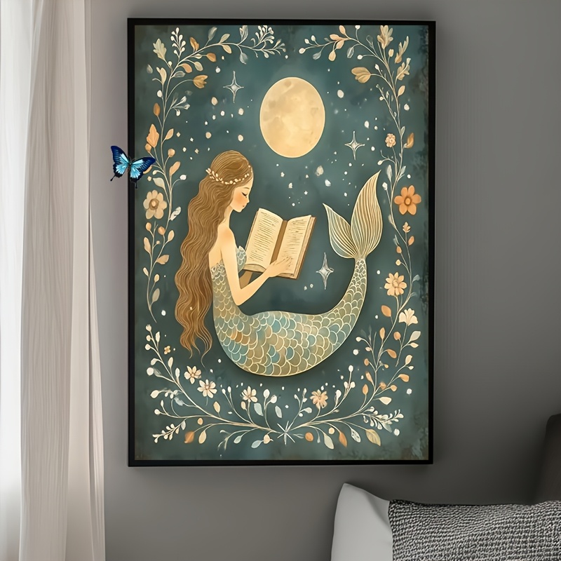TEMU 2d Flat, 1 Unframed Canvas Poster: Fantasy Mermaid Reading Art Print, Fairy Tale Sea Wall Art, Moonlight Mermaid Illustration Poster 15.75x23.6