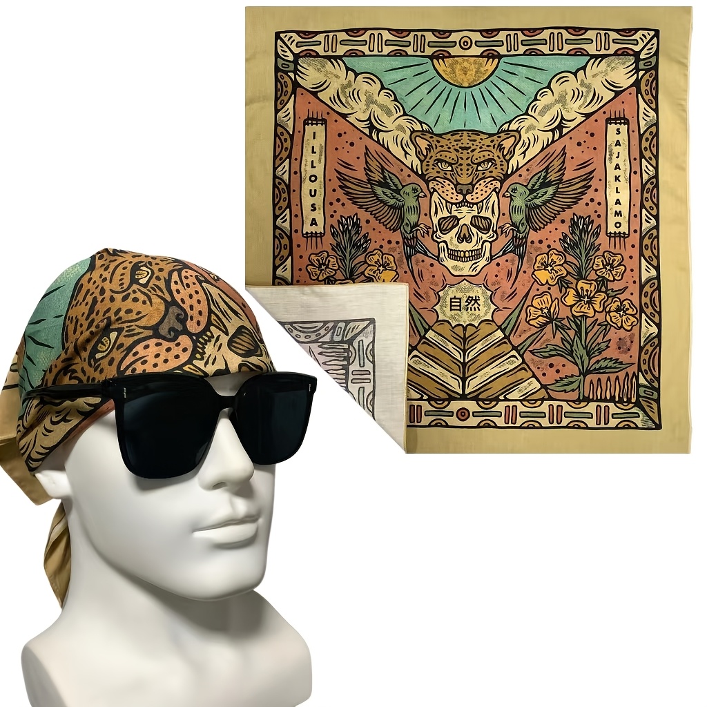 1pc Bandana Headscarf - Hip Hop Leopard Skull Print, Vintage Style, Breathable Square Scarf For , Motorcycle Riding, Machine Washable