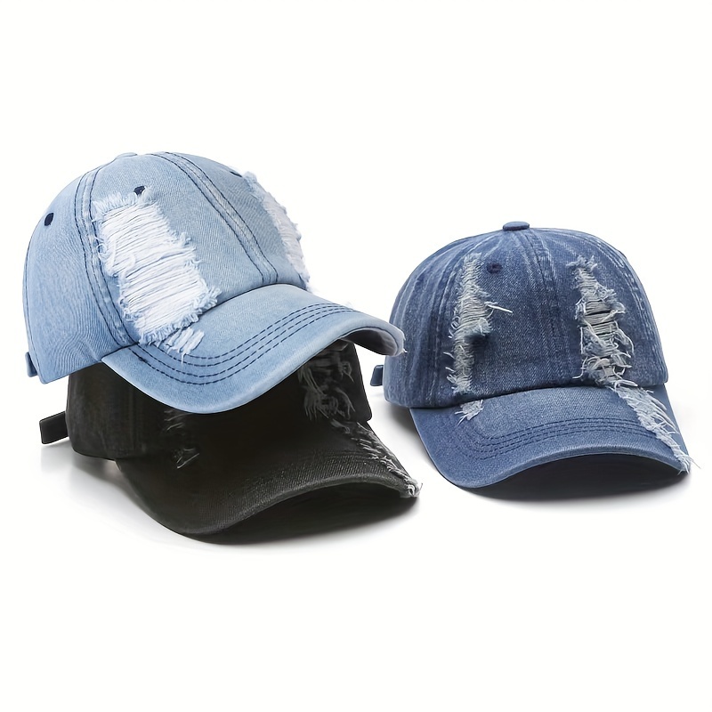 

Trendy Ripped Raw Hem Baseball Cap Solid Color Washed Distressed Denim Hats Unisex Couple Dad Hats For Women Men