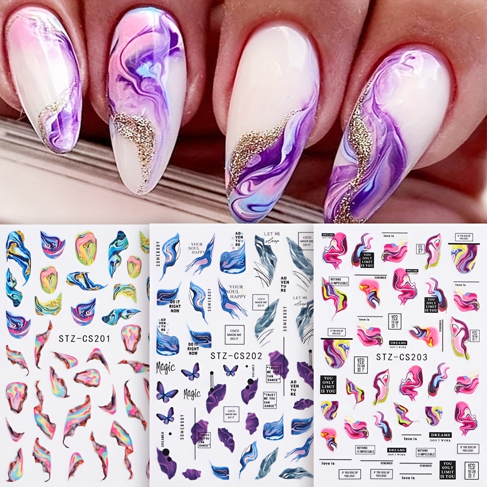 

6pcs Marble Acrylic Nail Art Sticker, Pink And Blue Stripe Gradient Watercolor Letter Self-adhesive Wave Design, Diy Manicure Decor Kit For Women And Girls