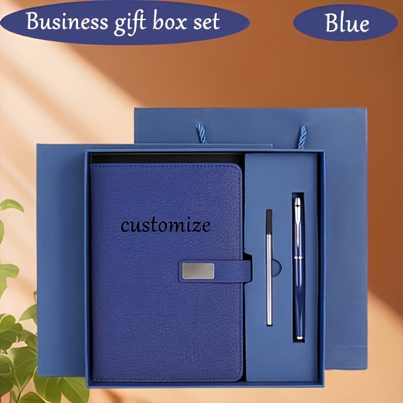 Customizable A5 Notebook Set with Blue Leather Cover, 200 Pages, Magnetic Closure - Ideal for Business, Graduation, and Teacher Gifts - Includes Pen and Ruler, Office Supplies | Customizable Notebook | Durable Writing Instrument, Notebook for