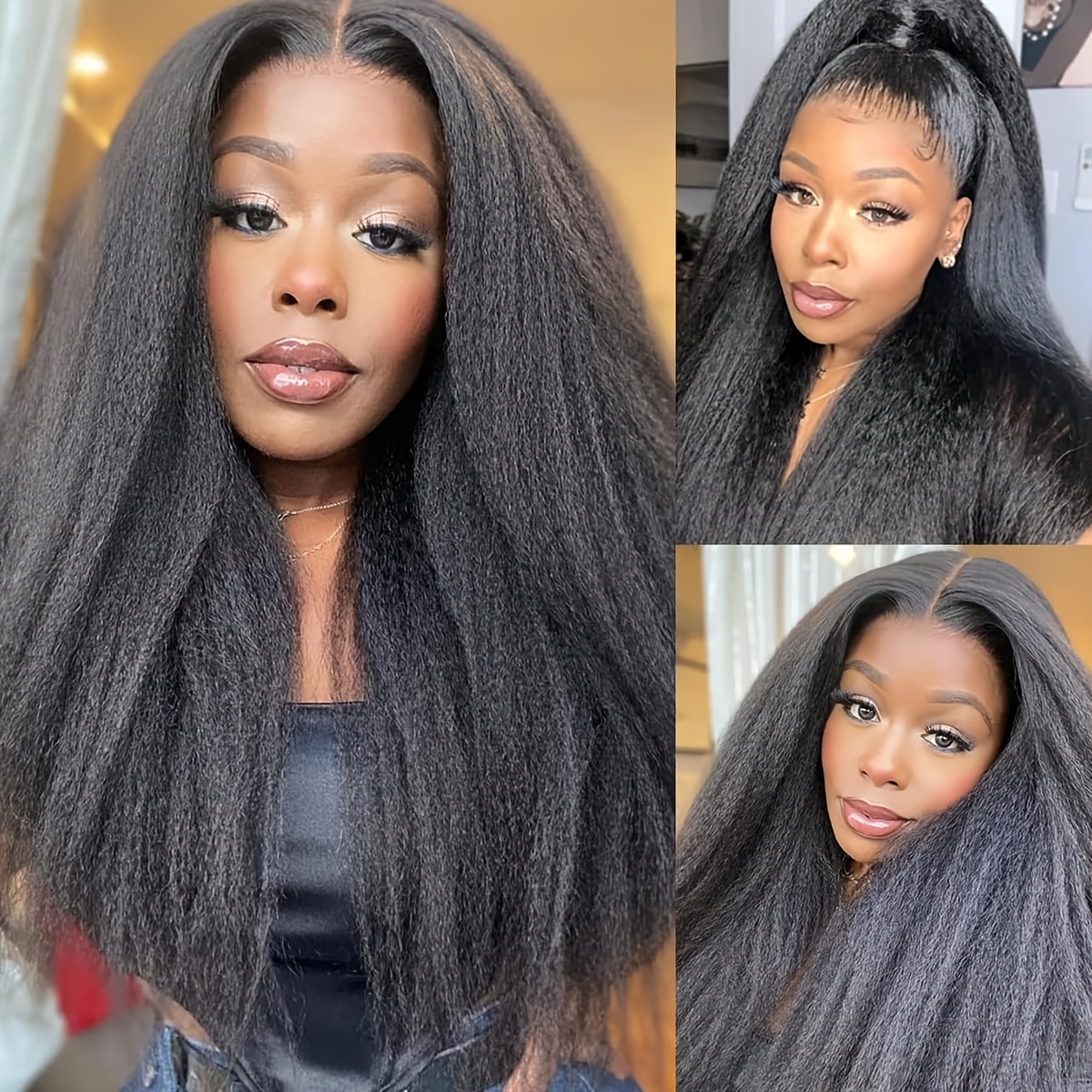 Image of 13x4 Kinky Straight Lace Front Long Human Hair Wigs For Women, No Glue Required, Heat Resistant Natural Black Straight Lace Front Wig With Baby Hair