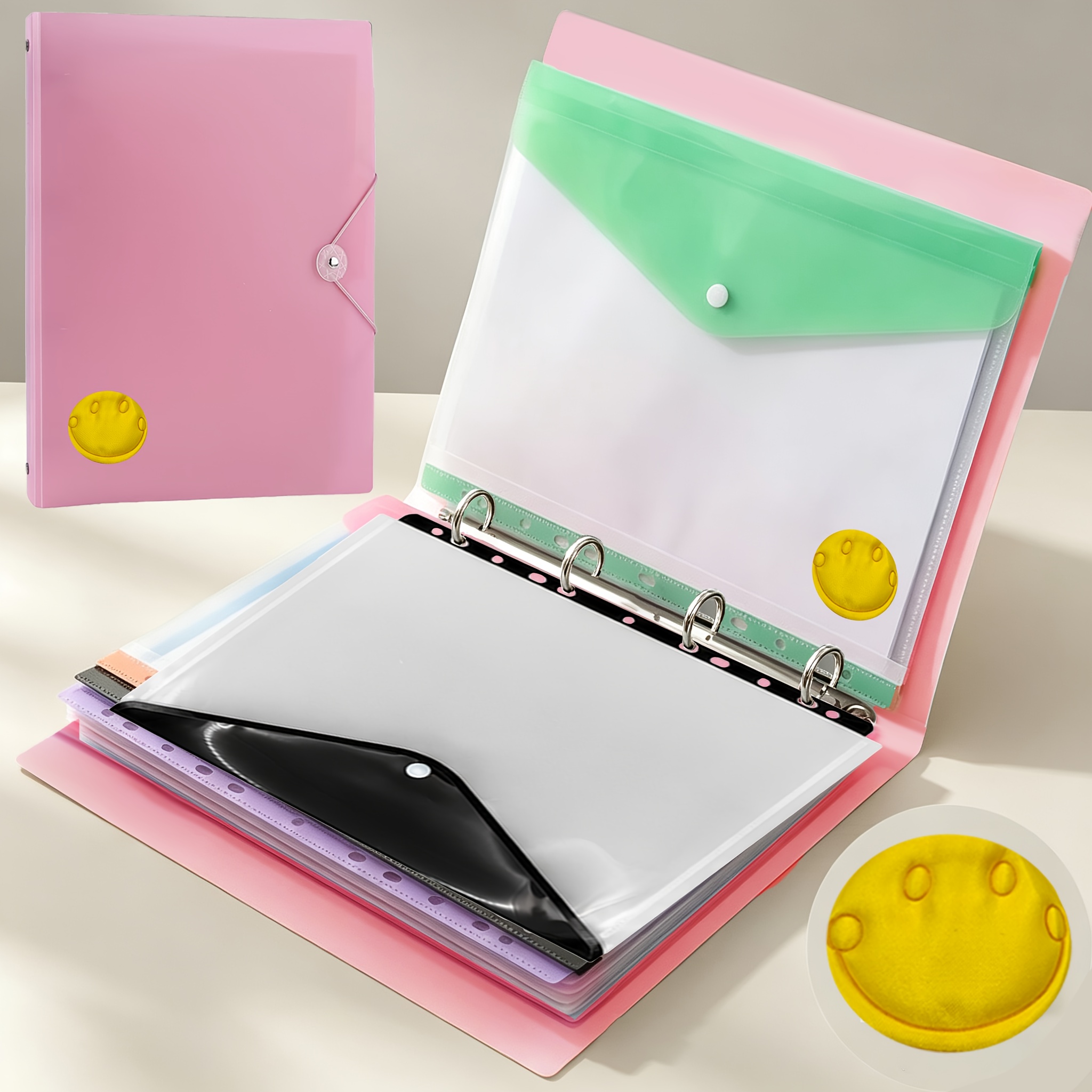 TEMU Four-hole A4 Ring Binder With Elastic Tie Cord + Face Decoration, File Folder Organizer Book Clip Binder Pocket - Heavy-duty Pp Plastic File