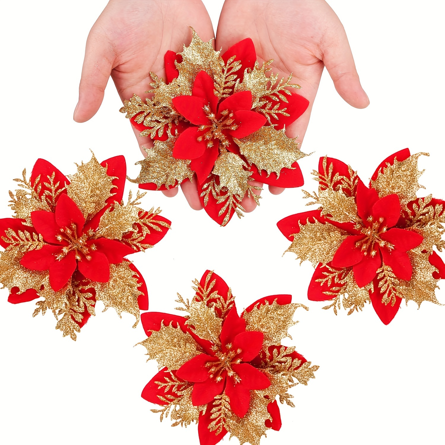 

12 PCS Style Classique Fleurs Artificielles de Noël Poinsettia - Décorations de Sommet d'Arbre en Plastique Sans Électricité pour la Saison des Fêtes