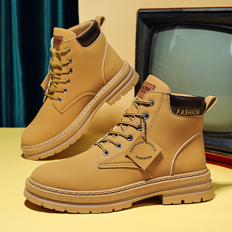 1 Pair KOONEXY Heavy-Duty Ankle Boots - All-Terrain Lace-Up, Anti-Slip PVC Outsole, Beige/Tan, PU/Fabric Upper - for Hiking, Motorcycle Riding, Skateboarding, Construction Work - Multiple Extended Sizes Available. All-Season Outdoor Casual Hiking