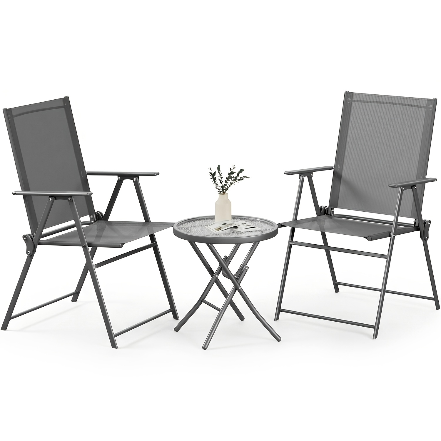 Image of 3pcs Garden Furniture Set, Bistro Set, 2 Chairs And 1 Temple Glass Table, Chair Capacity 120 Kg, Tabletop Capacity 25 Kg, Fabric And , Each Item Foldable, Thickness Of 6 Cm When Folded, Easy To Store
