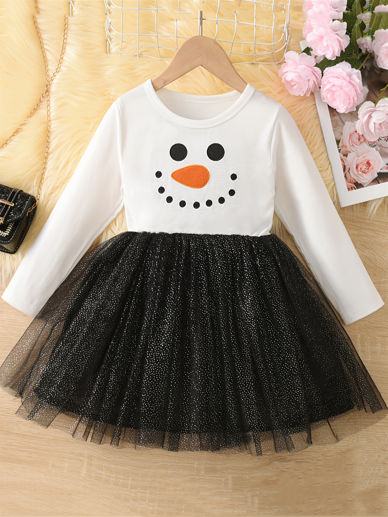 christmas themed long sleeve dress for girls with snowman print and mesh  