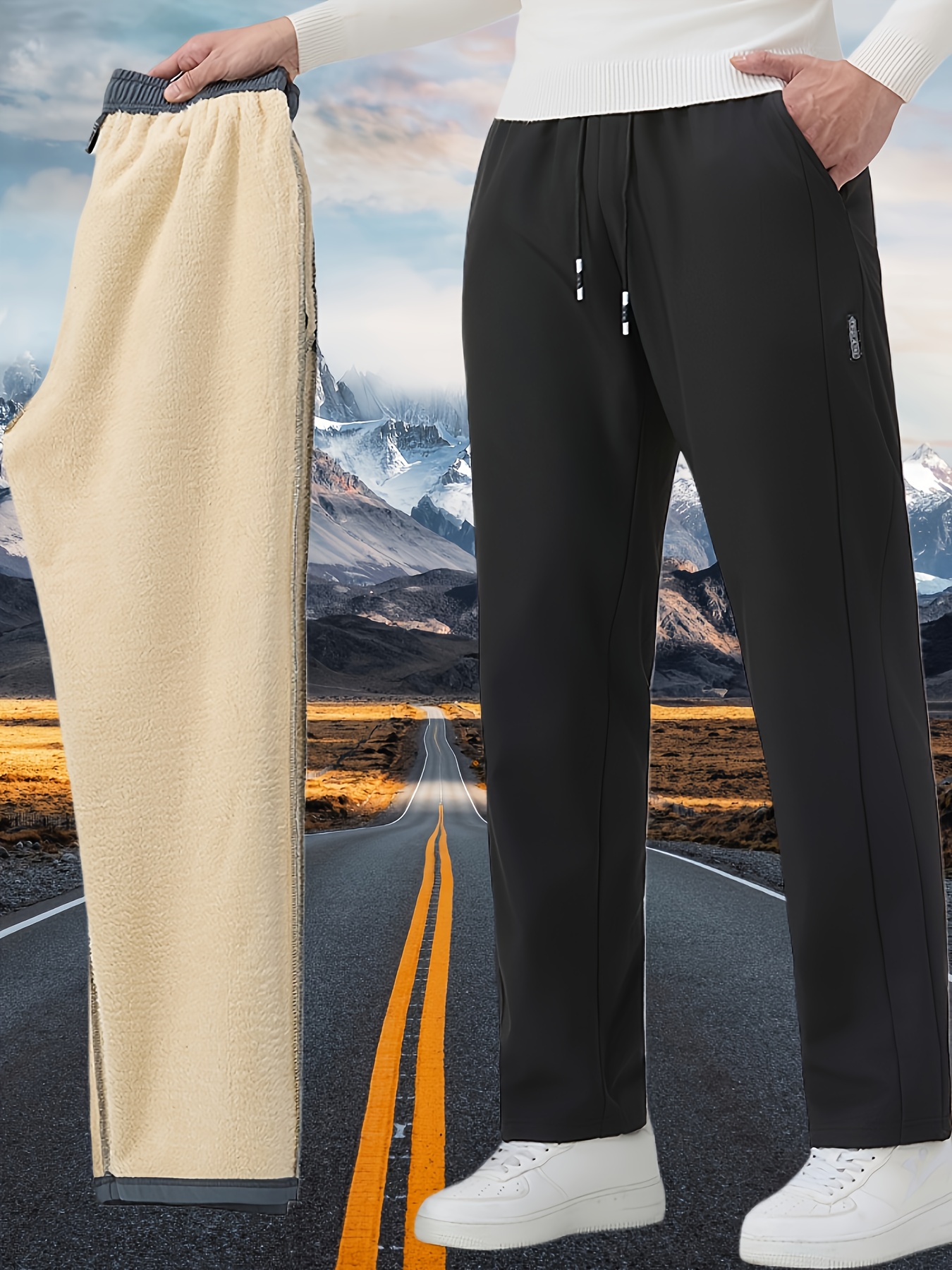mens winter warm fleece lined trousers outdoor thickened casual pants windproof fleece lined work   trousers