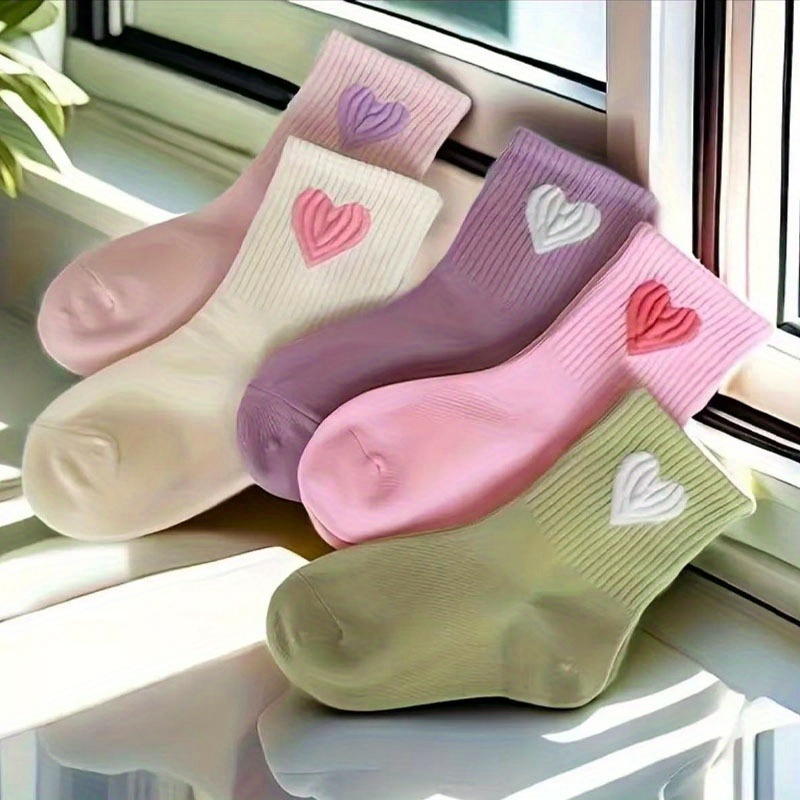 5 pairs of cartoon heart shaped macaron   suitable for girls to wear all day suitable for school outdoor playing soft breathable comfortable fiber   pink ribbed casual socks durable socks