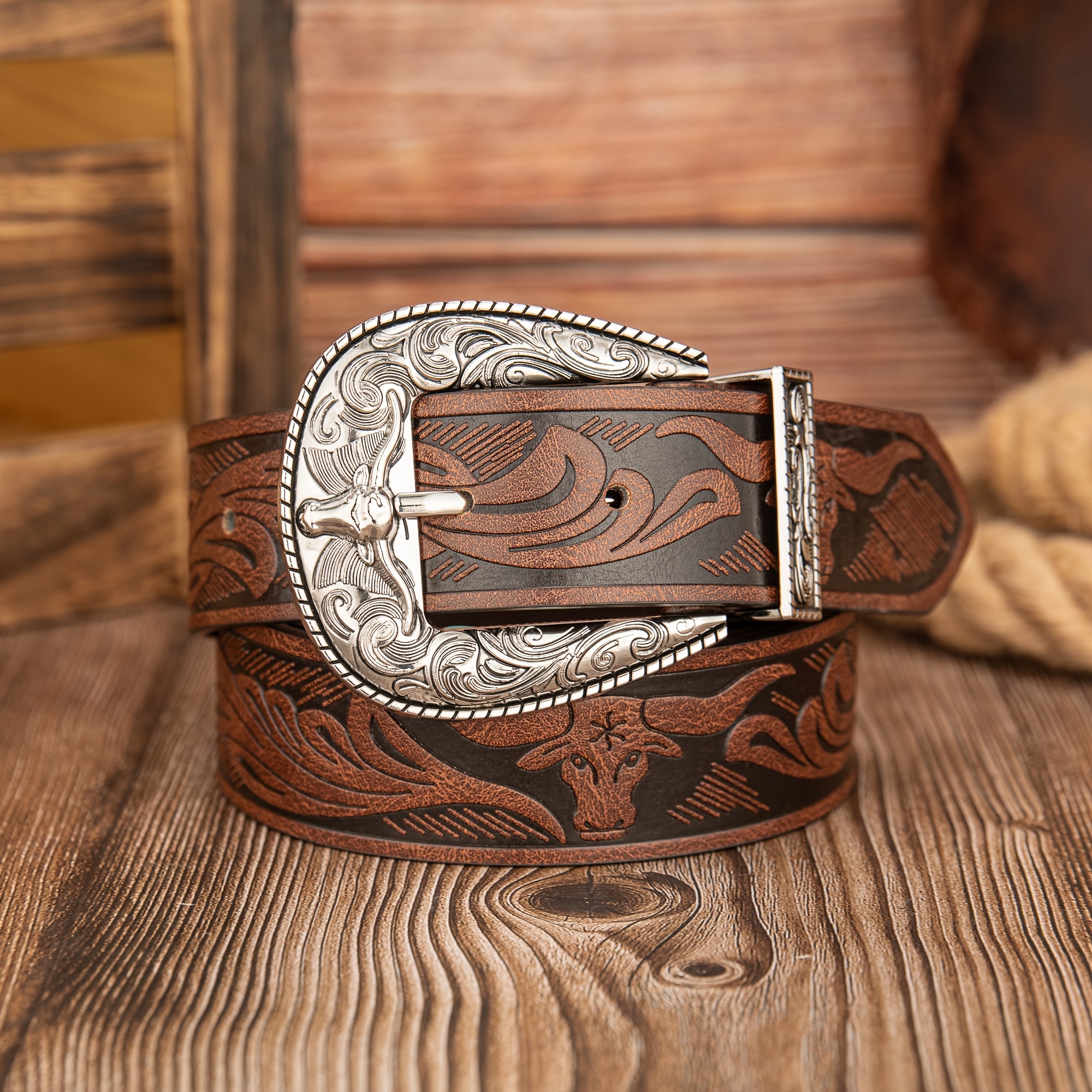 Silvery Cowhead Pattern Button Buckle Retro Casual PU Leather Belt