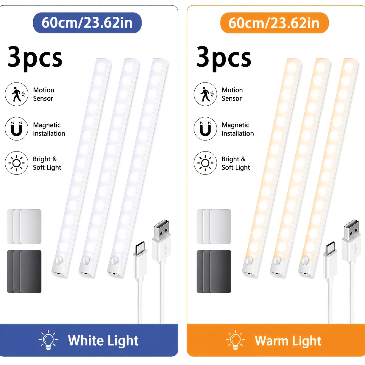 TEMU [Lot de 3] Barre Lumineuse LED à Détecteur de Mouvement 25Cm/35Cm/60Cm | Lampe de Placard USB, Veilleuse Blanche/Blanche Chaude pour , ,