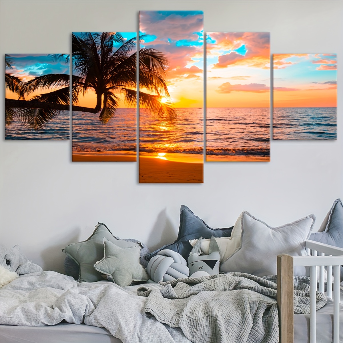 TEMU 2d Flat, 2d Flat, 2d Flat 5pcs Canvas Poster Featuring A Coconut Tree At Sunrise Over The Sea, Five-panel Artwork, Modular Design, Print