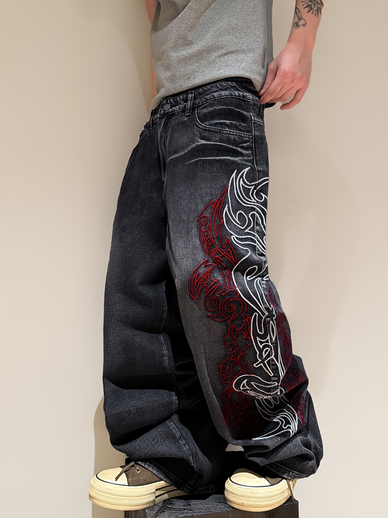 retro dark   embroidered wide leg jeans for men pre owned and washed featuring red and white contrast trendy y2k street style   for   genders adults and teens ideal for commuting and everyday  